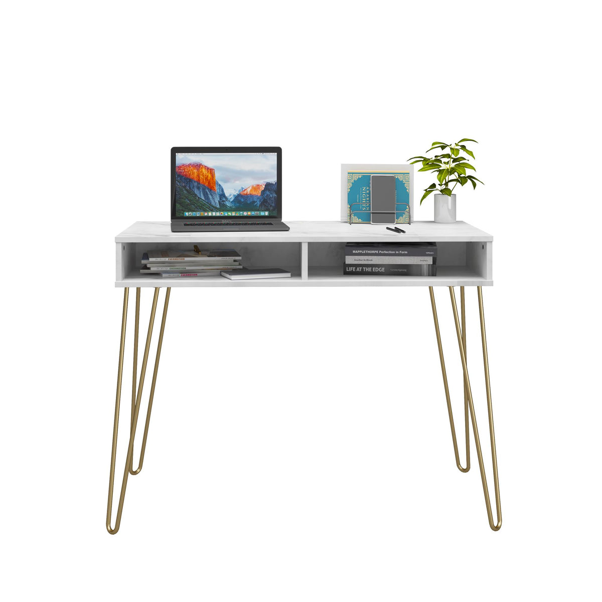 Ameriwood Home Hanley 56 in. L-Shaped Faux Terrazzo Computer Desk with 2-Shelves