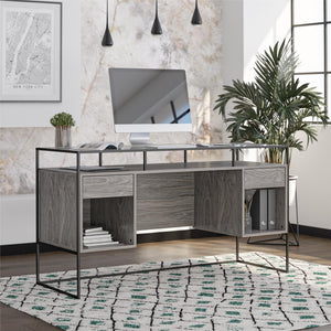 Camley Modern Desk with Fluted Glass Top, 2 Drawers and Storage - Gray Oak